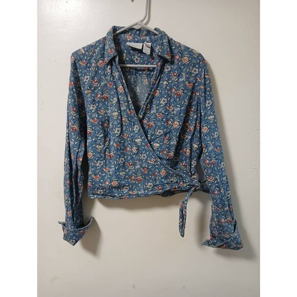 Vintage 90's Liz Claiborne womens xl ditsy Floral wrap tie blue red denim top - Picture 1 of 5